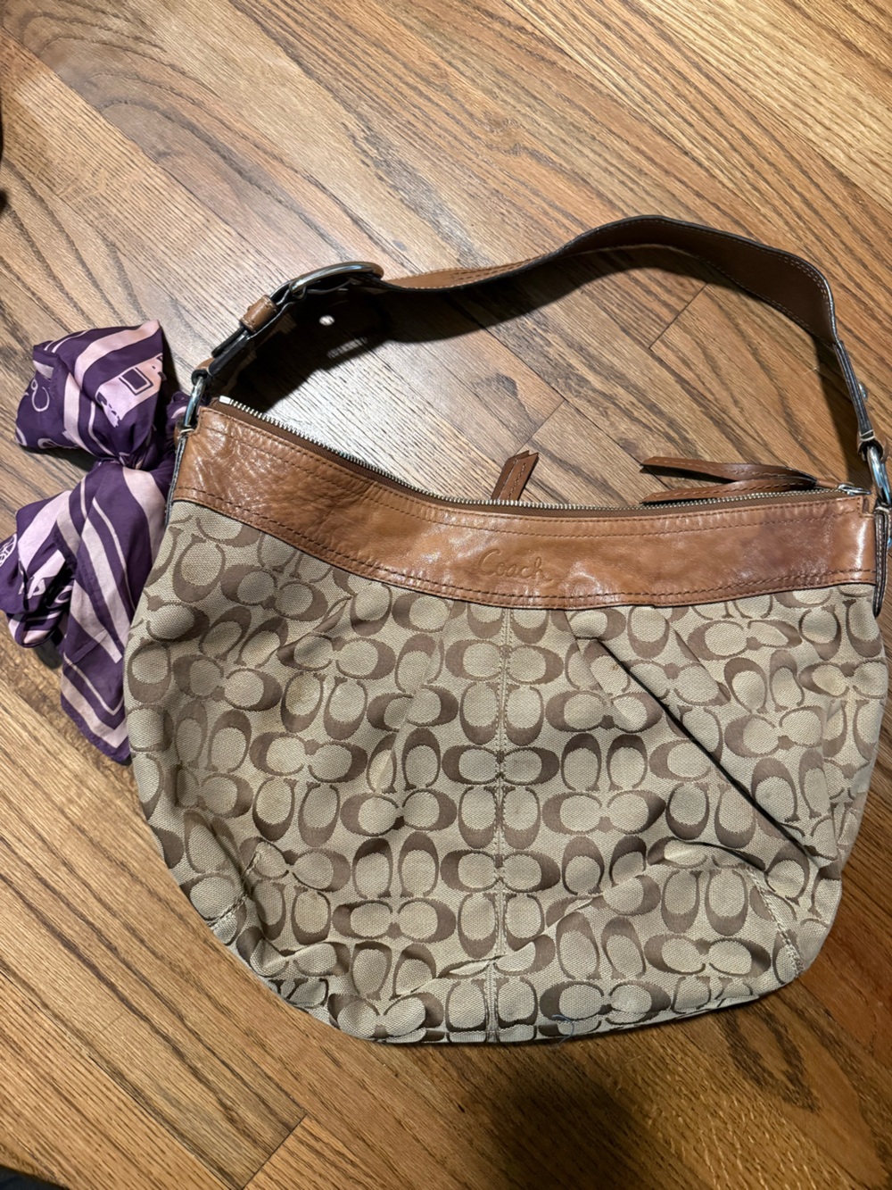 Coach Khaki & Brown Signature Hobo with Purple Scarf Accent